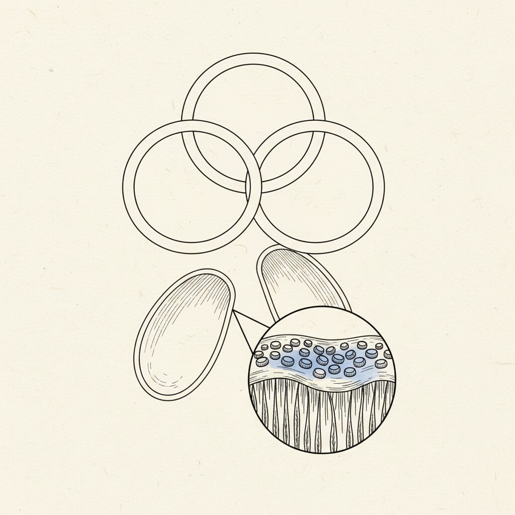 The inner ear: three semicircular canals plus the saccule and utricle, with otoconia crystals sitting on the otolithic membrane above hair cells