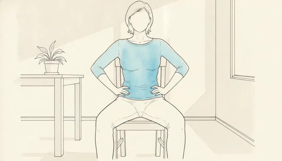 A person sits on a plain chair with hands on the hips, ribs turning a tiny bit while the hips stay still