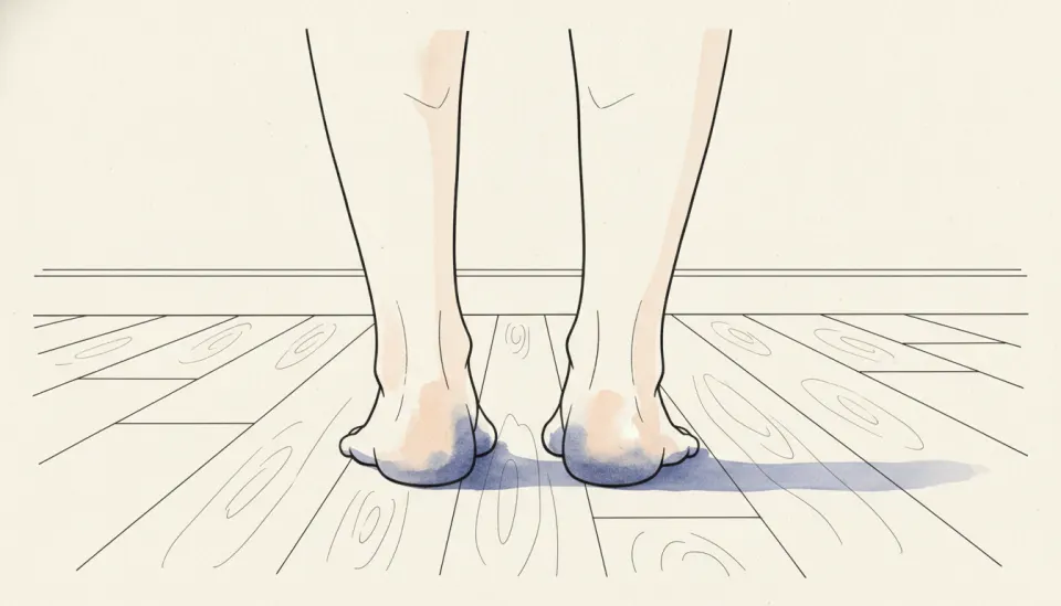 Seen from behind at floor level, bare feet on a wooden floor with both heels resting fully on the floor