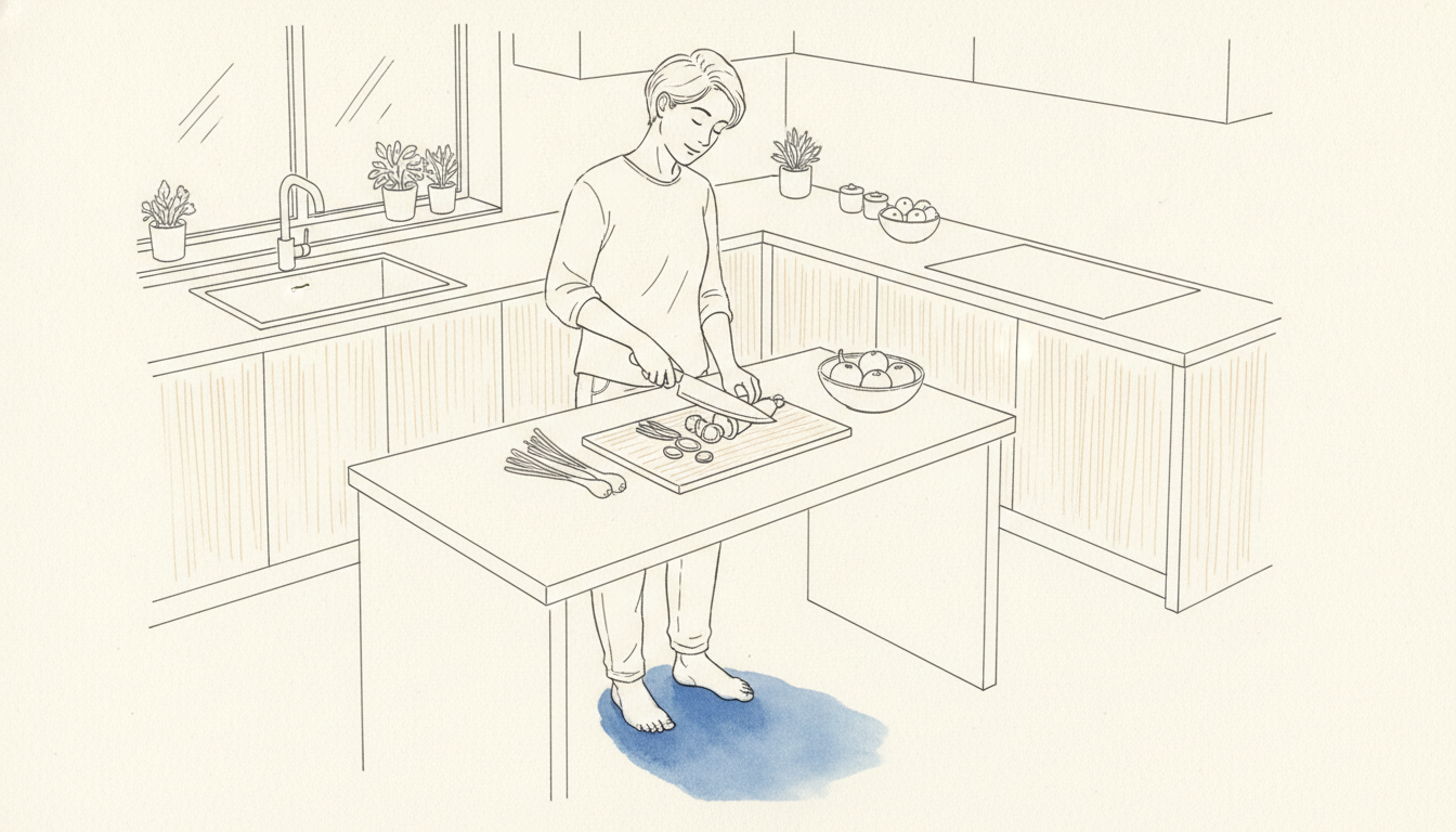 A person chops vegetables in a plain kitchen, attention on how the weight sits in their feet