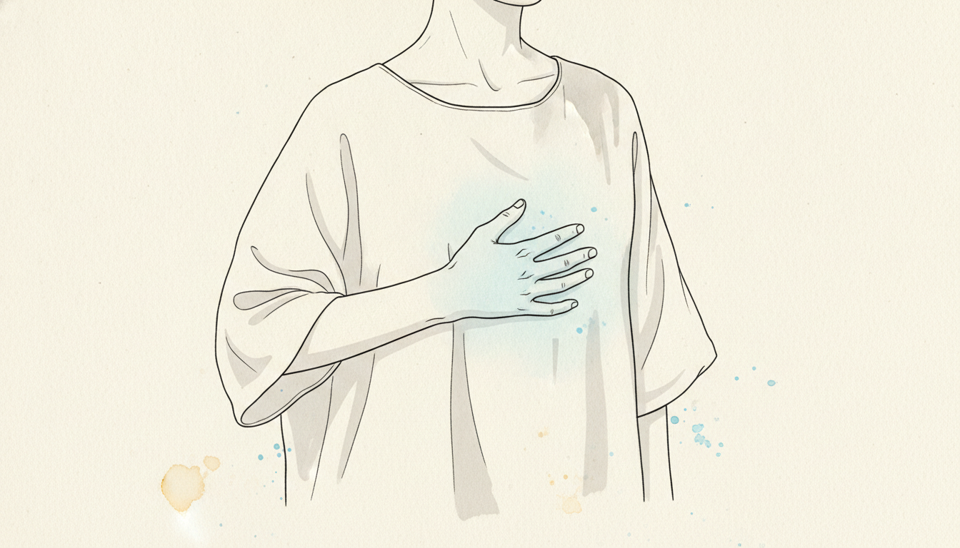 A person's hand rests on the side of their rib cage, feeling the breath move