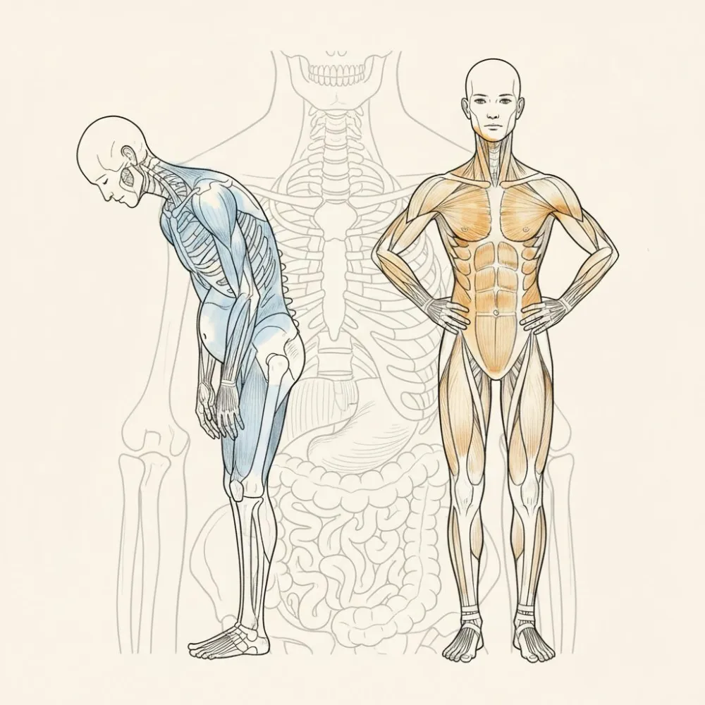 Illustration of two bodies side by side, one collapsed forward and one standing upright with ease